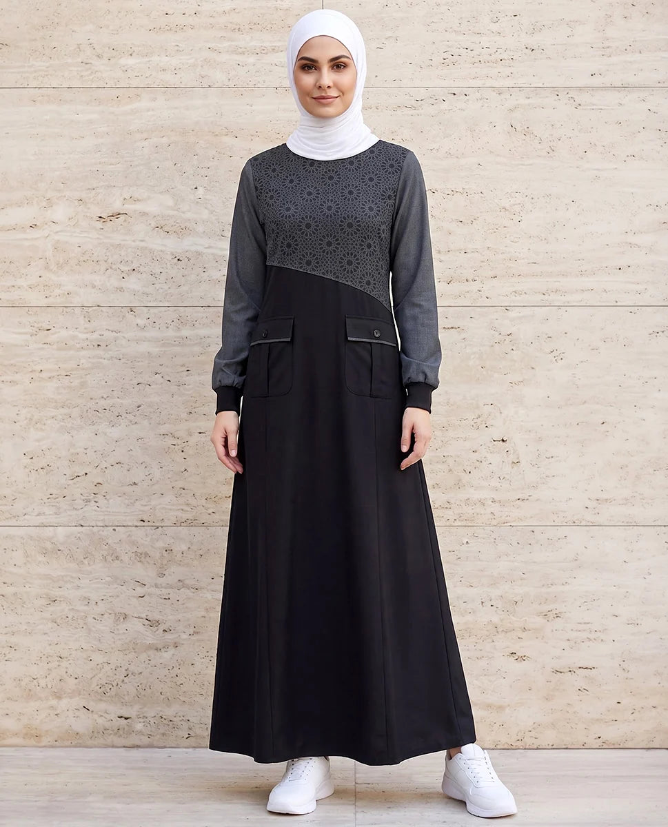 Urban Essentials Geometric Print Abaya Black ( pre-order )