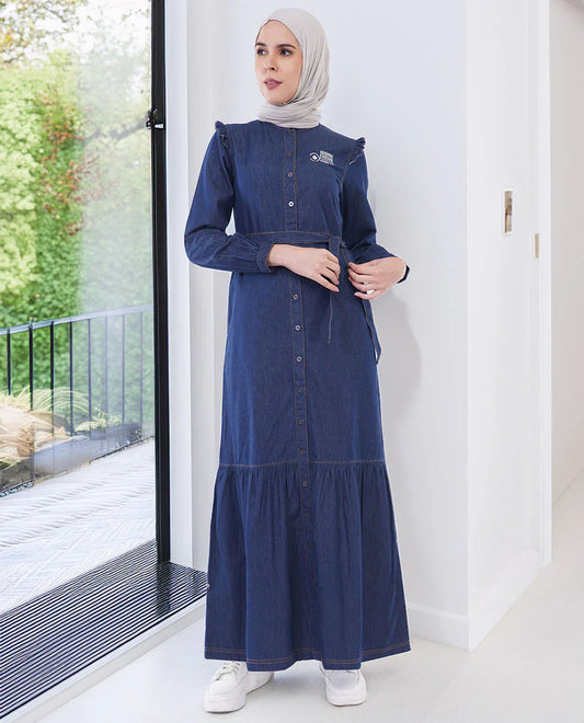 Ice Blue RuffleFlow Fine Denim Maxi Jilbab