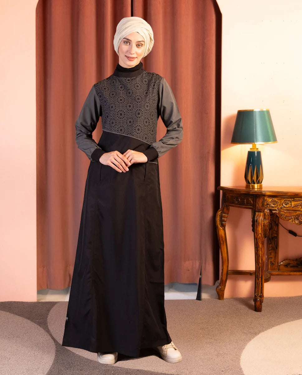 Urban Essentials Geometric Print Abaya Black ( pre-order )