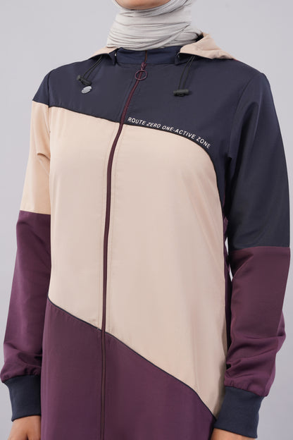Burgundy Contrast Full Front Open Hooded Jilbab