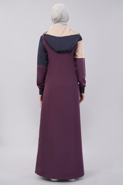 Burgundy Contrast Full Front Open Hooded Jilbab
